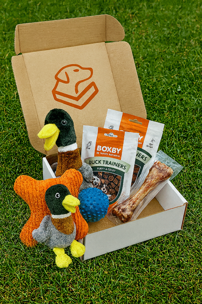 Slika pasje škatle PasjiBox, ki prikazuje vsebino in sicer pasje igrače, priboljške in kost za žvečenje.